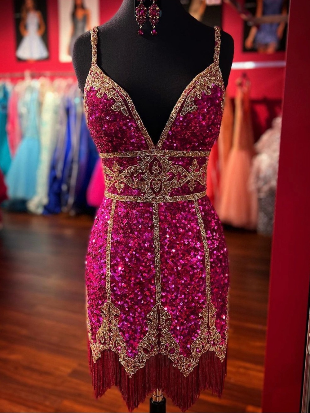 Sherri Hill Fuchsia Sequin Mini Dress with Gold Embellishment